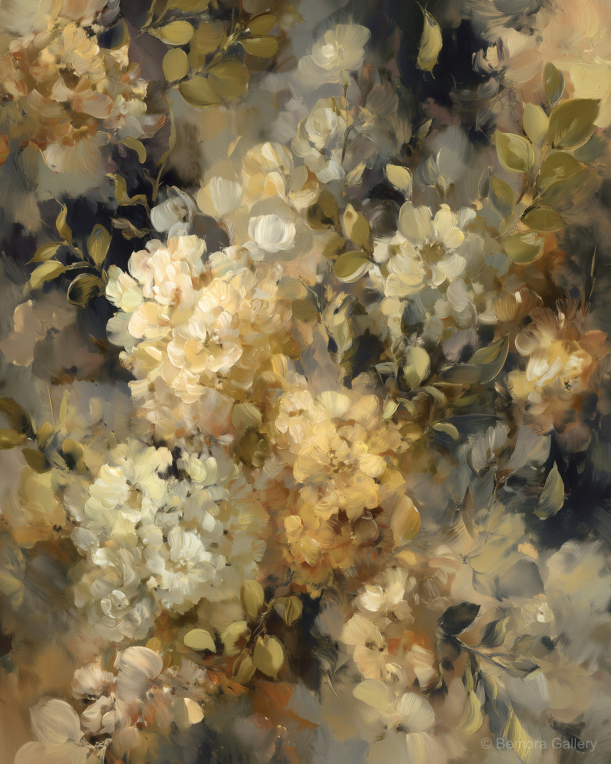 Olive Gold Blossom wall art — final artwork — warm ivory, golden-cream, olive green, dark graphite ground