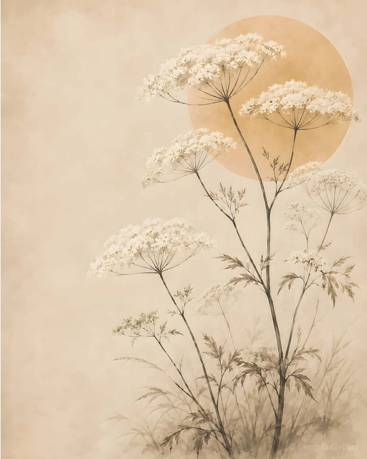 Ivory Wild Herbs — Japandi wall art print — delicate wild umbels rising in layers, fine gestural stems, warm ivory ground