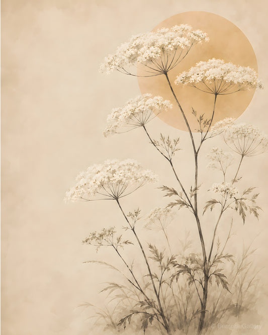 Ivory Wild Herbs — Japandi wall art print — delicate wild umbels rising in layers, fine gestural stems, warm ivory ground