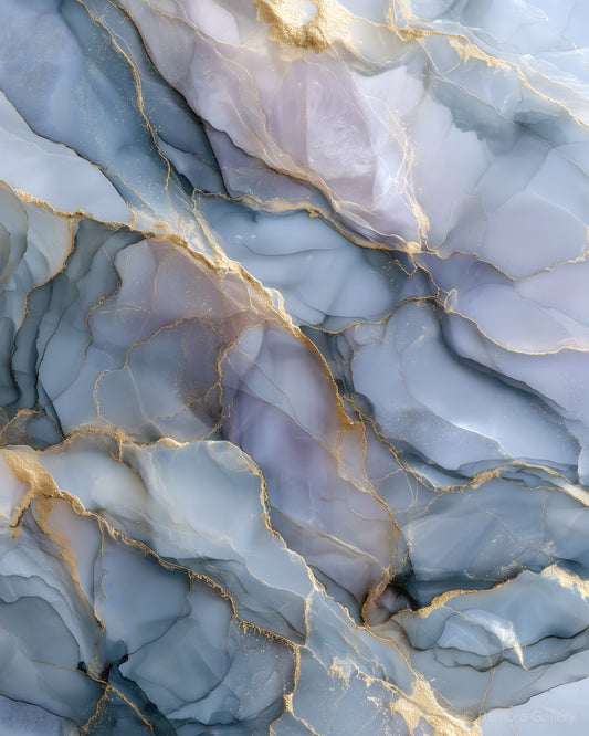 Moonstone Gold abstract wall art — final artwork — cool grey stone, soft moonstone, and champagne gold veining