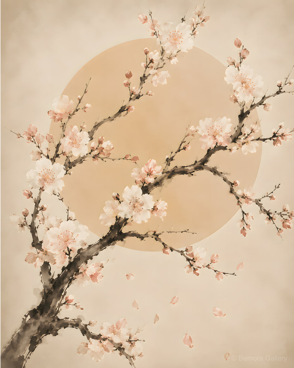 Ivory Plum Blossom — Japandi wall art print — white and blush plum blossoms on ink-wash branches, warm golden sun disc