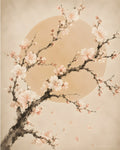 Ivory Plum Blossom — Japandi wall art print — white and blush plum blossoms on ink-wash branches, warm golden sun disc