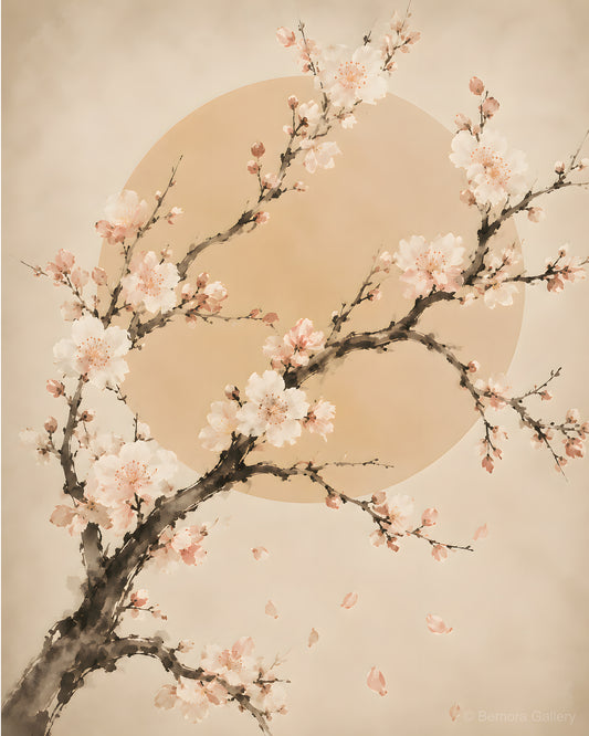Ivory Plum Blossom — Japandi wall art print — white and blush plum blossoms on ink-wash branches, warm golden sun disc