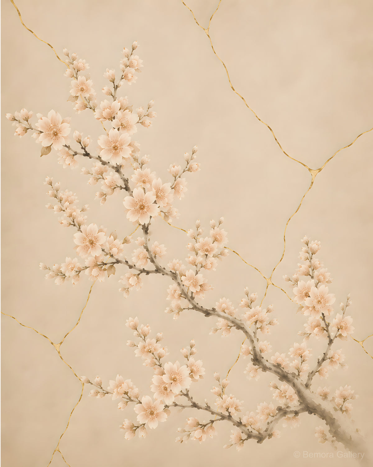 Ivory Kintsugi Bloom — Japandi wall art print — cherry blossom branches with gold kintsugi lines on warm ivory parchment