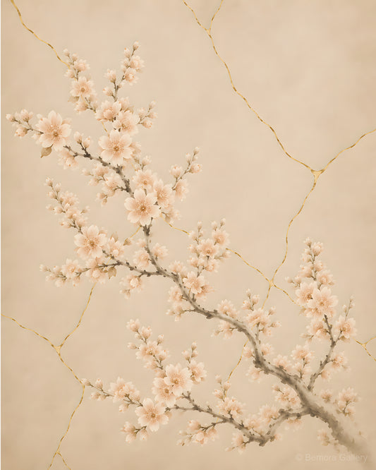 Ivory Kintsugi Bloom — Japandi wall art print — cherry blossom branches with gold kintsugi lines on warm ivory parchment