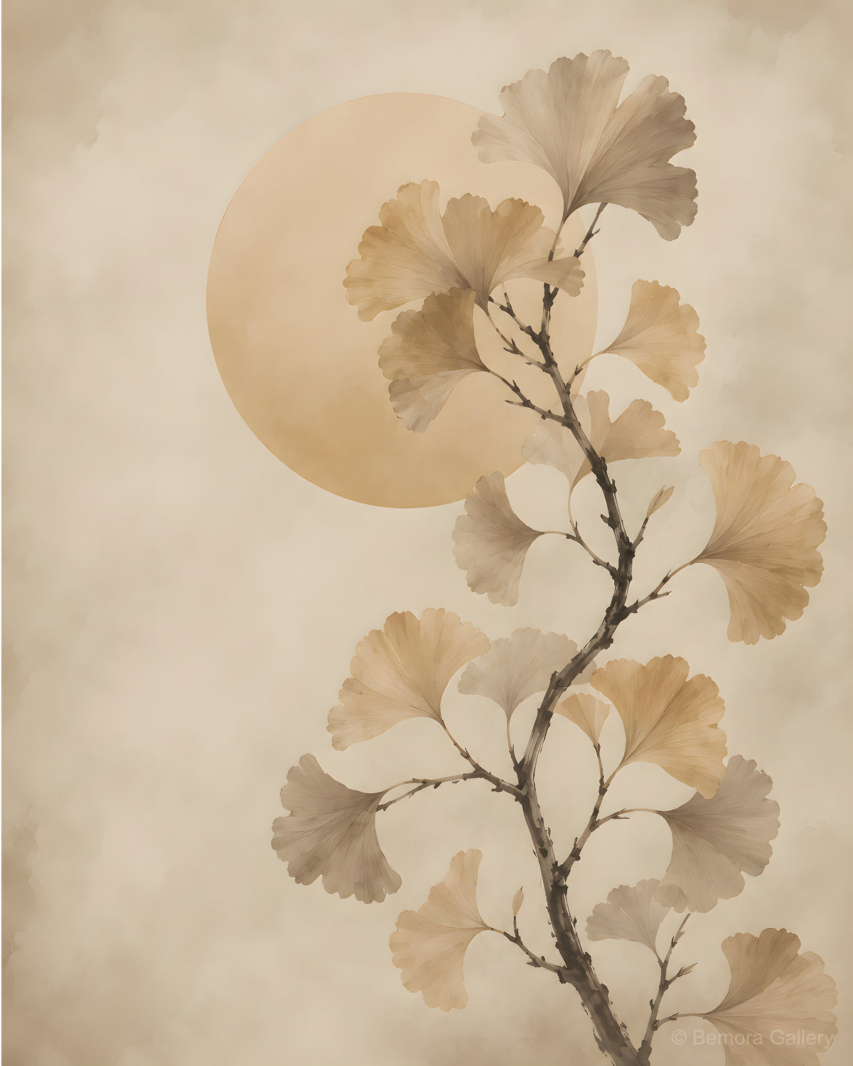 Ivory Ginkgo Sun — Japandi wall art print — ginkgo branch with muted ochre fan leaves, soft golden sun disc, ivory ground