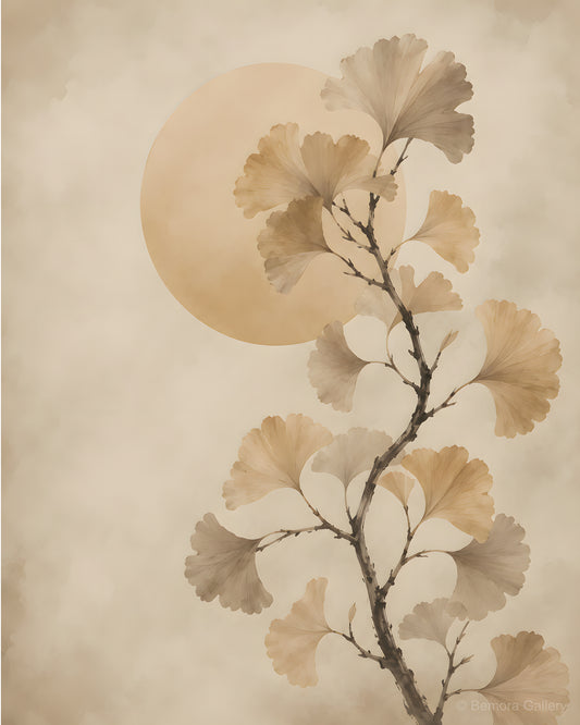 Ivory Ginkgo Sun — Japandi wall art print — ginkgo branch with muted ochre fan leaves, soft golden sun disc, ivory ground