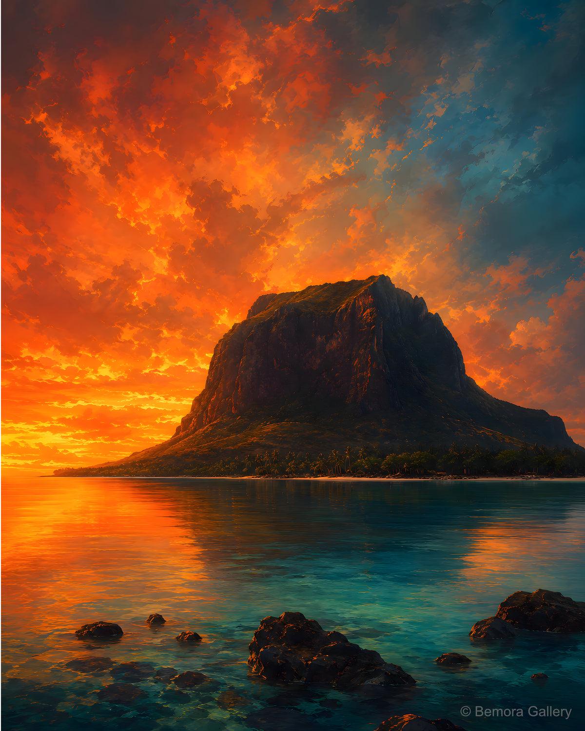 Le Morne Dusk Fire — Mauritius coastal art print — Le Morne Brabant in dark silhouette, copper and amber fire sky, glowing teal lagoon