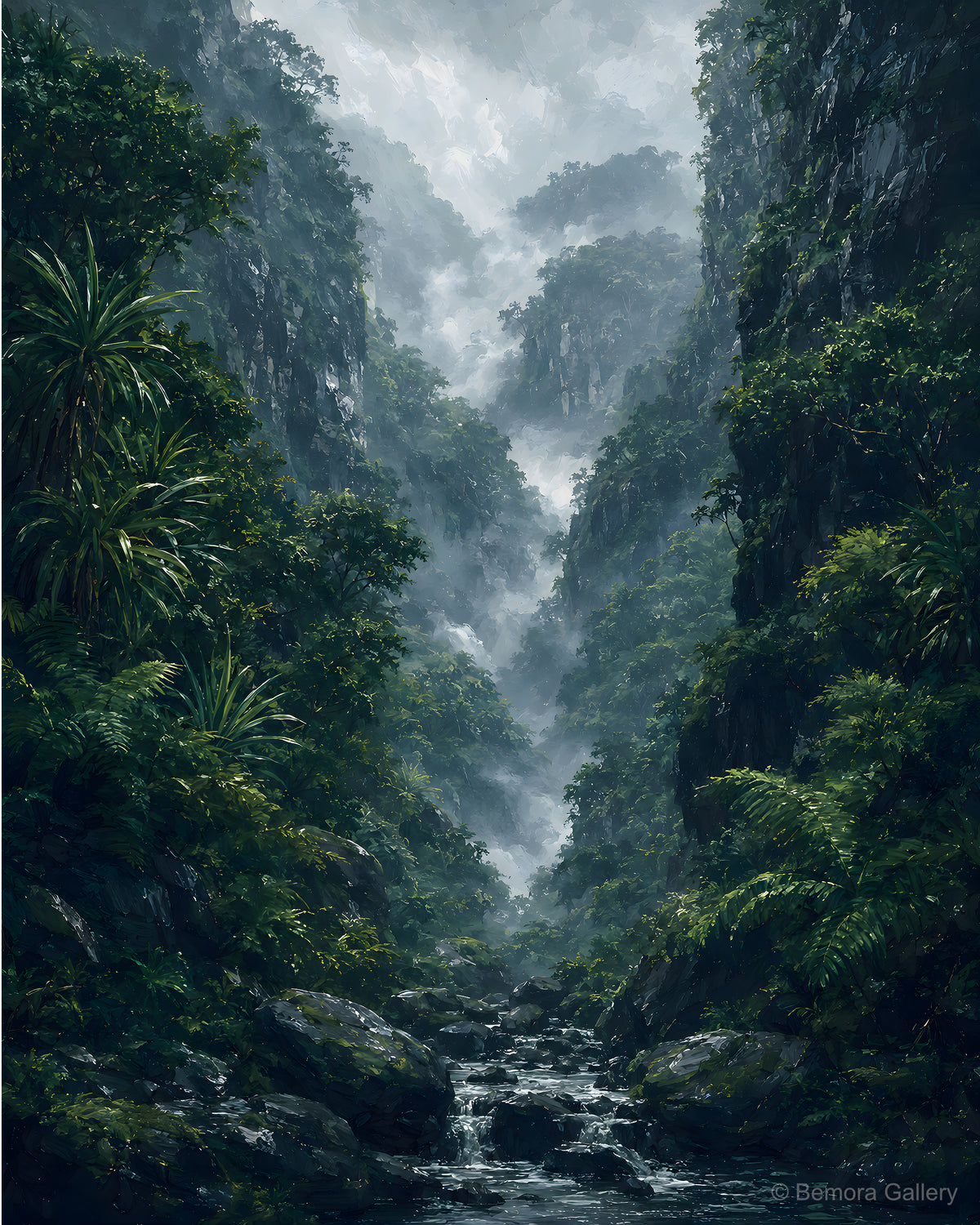 Black River Gorges Mist — Mauritius forest art print — steep rainforest cliffs, dark basalt, dense tropical foliage, mist and atmosphere