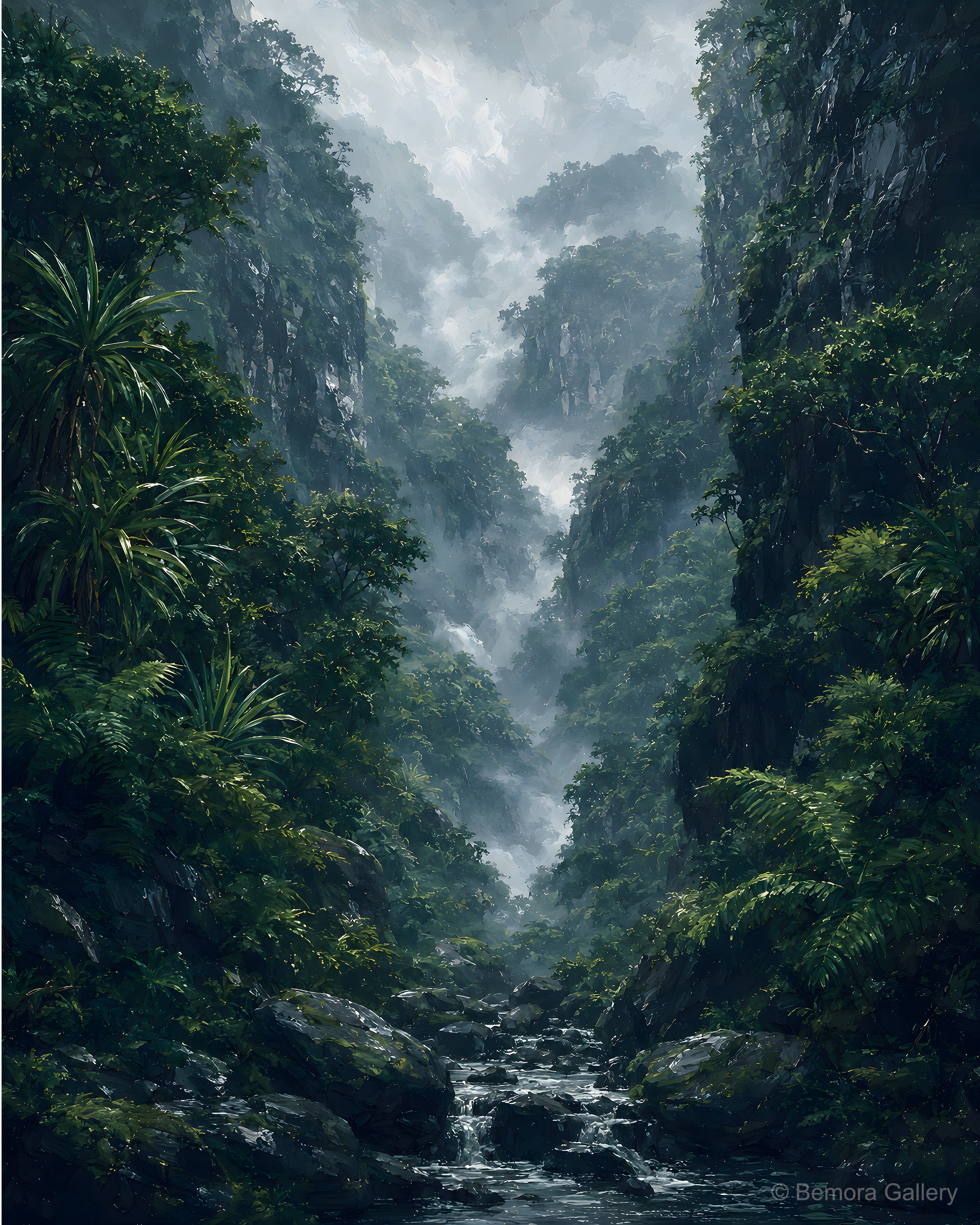 Black River Gorges Mist — Mauritius forest art print — steep rainforest cliffs, dark basalt, dense tropical foliage, mist and atmosphere