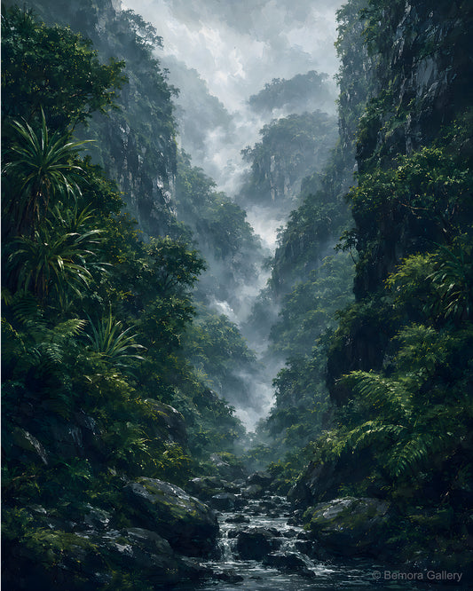 Black River Gorges Mist — Mauritius forest art print — steep rainforest cliffs, dark basalt, dense tropical foliage, mist and atmosphere