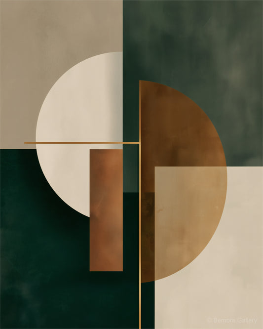 Verdant Form Balance wall art — final artwork — ivory circle and bronze circle on deep forest green and beige ground