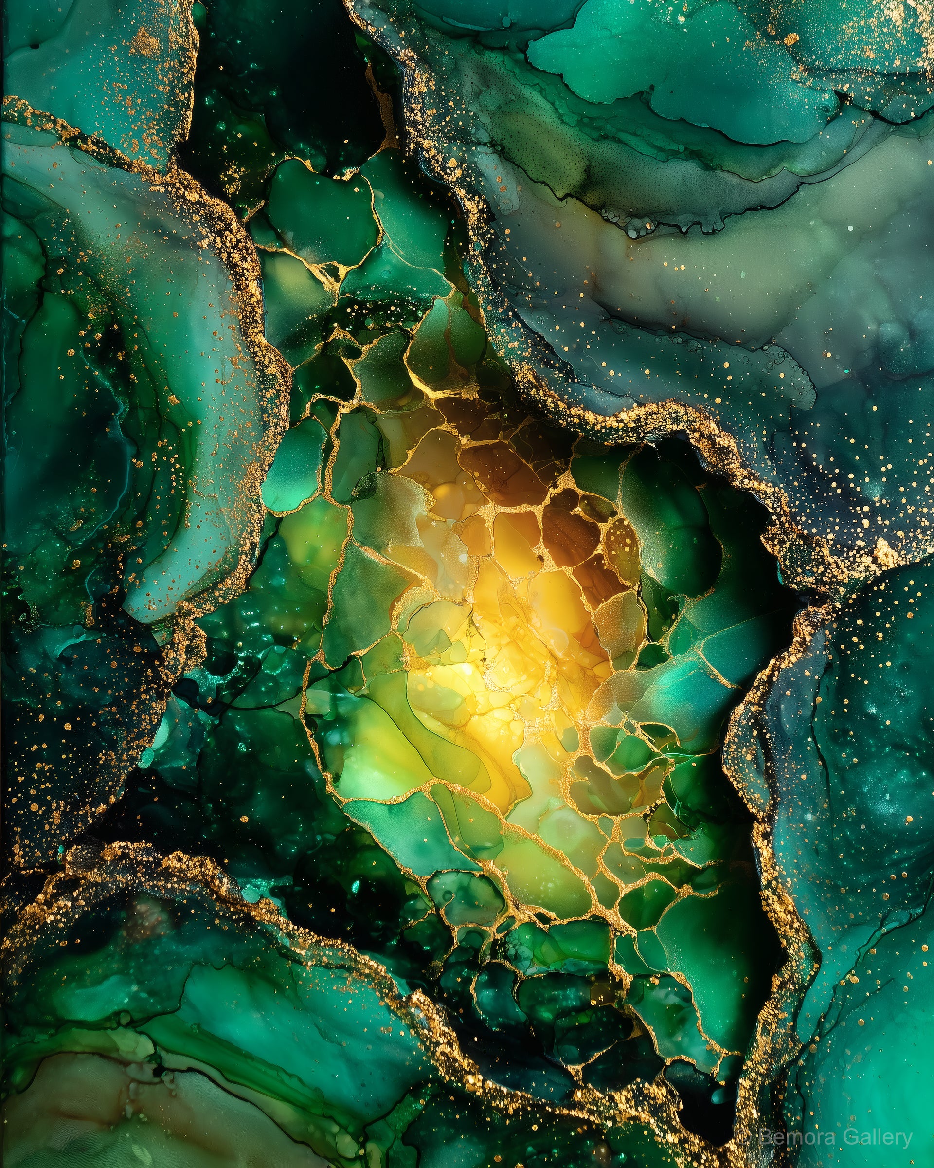 Emerald Gold abstract wall art — deep forest green alcohol ink with luminous golden cavity and gold veining