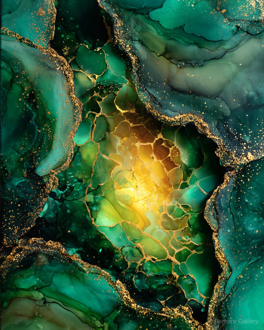 Emerald Gold abstract wall art — deep forest green alcohol ink with luminous golden cavity and gold veining