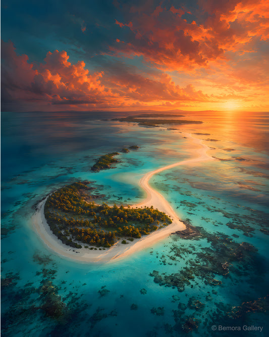 Île aux Cerfs — Mauritius coastal art print — luminous turquoise lagoon, pale sandbars, coral reef, sunset aerial view