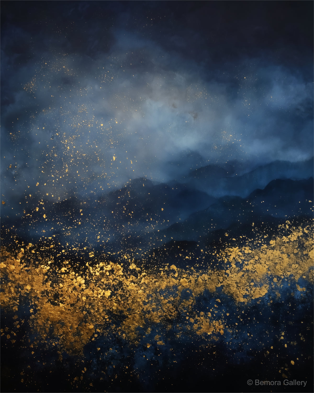 Navy Gold Drift wall art — final artwork — deep midnight navy, prussian blue, and warm 24-karat burnished gold