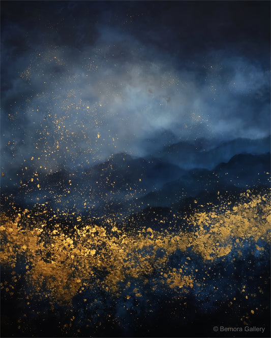 Navy Gold Drift wall art — final artwork — deep midnight navy, prussian blue, and warm 24-karat burnished gold
