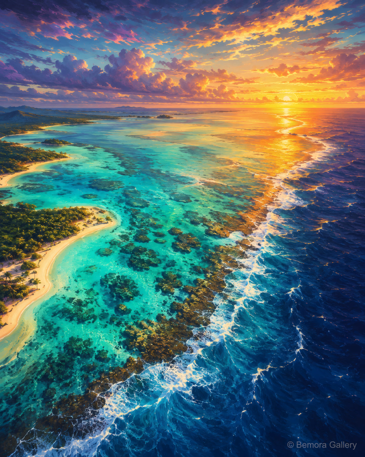 Blue Bay Reef Dawn wall art — final artwork — electric turquoise coral reef lagoon, palm-lined coast and dramatic purple-gold dawn sky