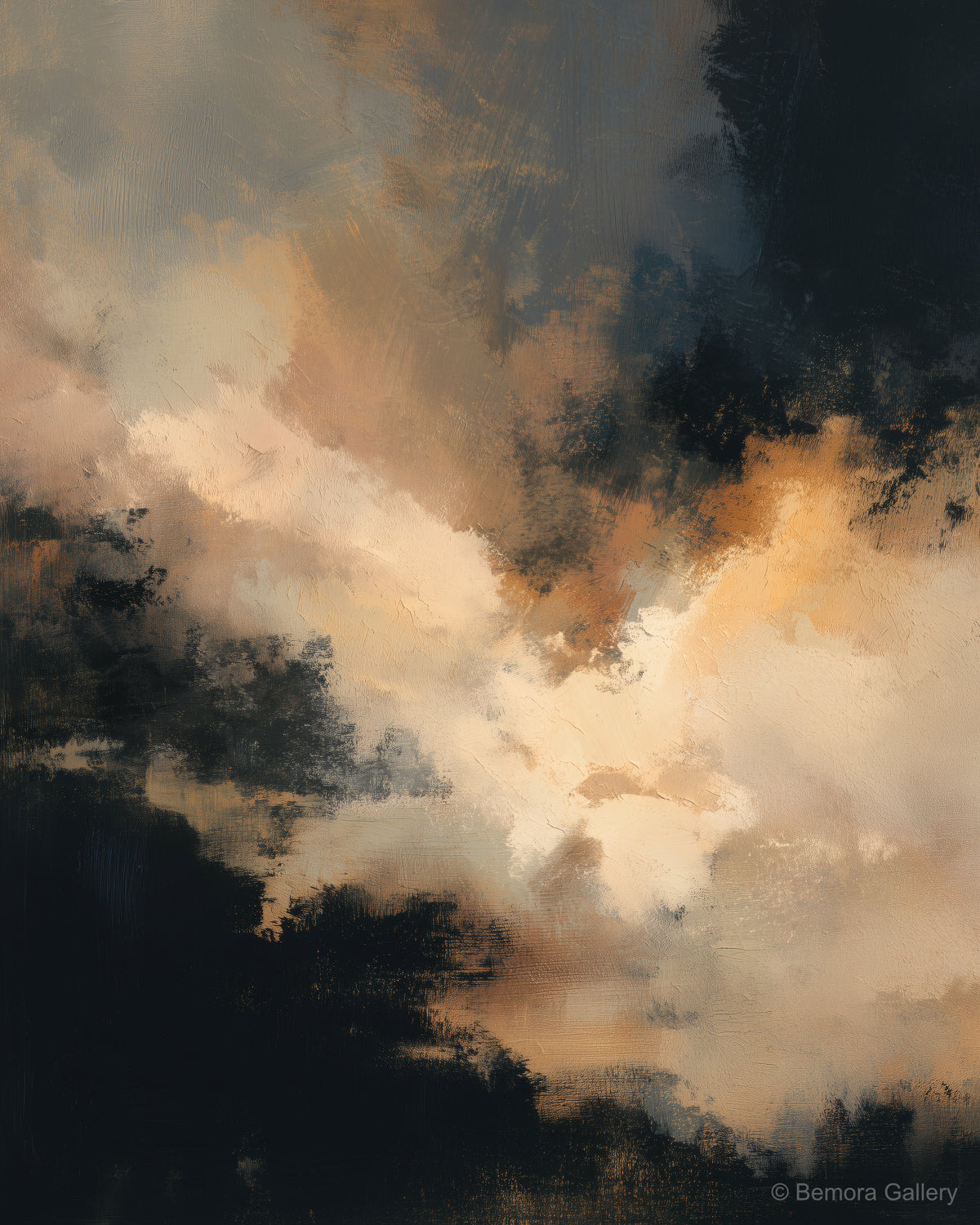 Warm Graphite Haze wall art — final artwork — deep graphite, near-black, warm ivory, amber warmth