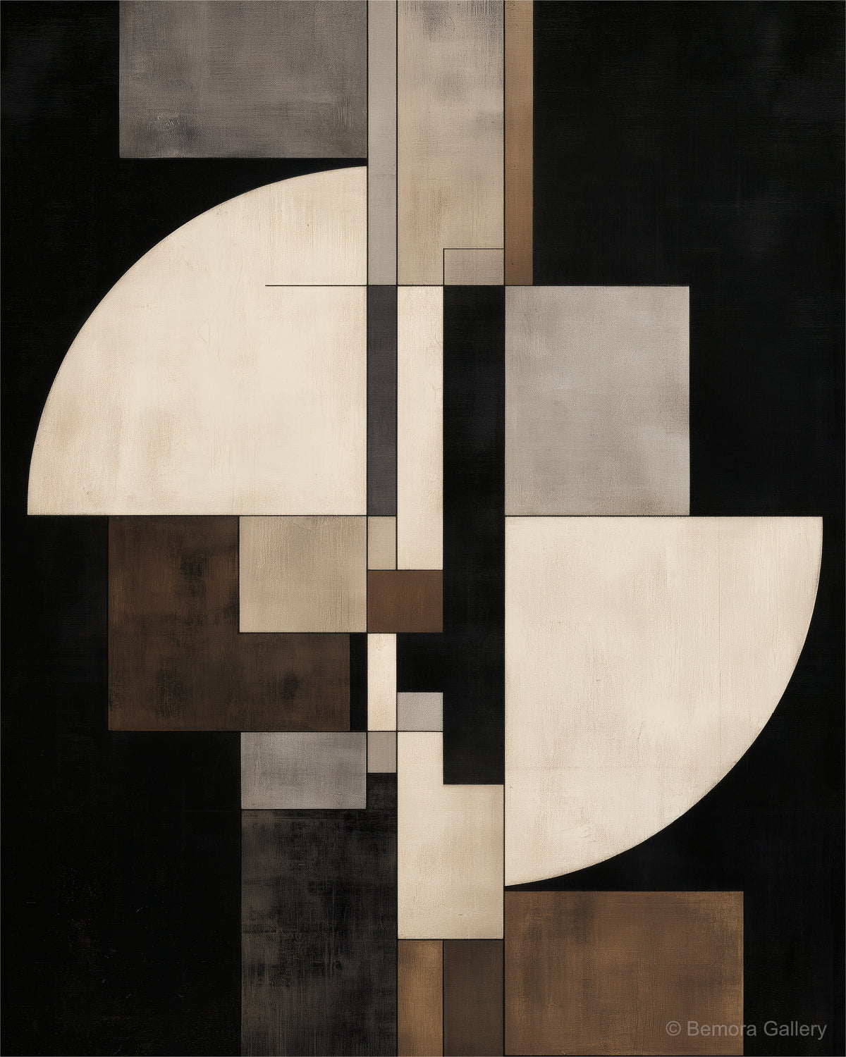 Midnight Form wall art — final artwork — near-black, cool silver pewter, ivory cream, espresso brown, and warm taupe