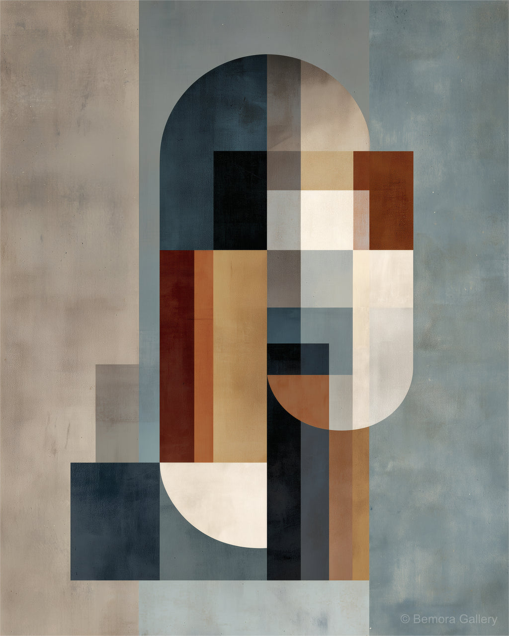 Slate Clay Totem wall art — final artwork — slate blue-grey, warm clay, muted ochre, sand beige, ivory, and charcoal black