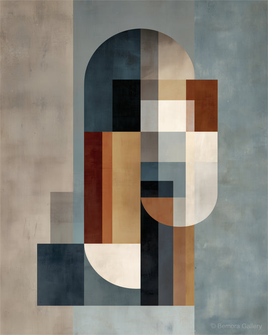Slate Clay Totem wall art — final artwork — slate blue-grey, warm clay, muted ochre, sand beige, ivory, and charcoal black
