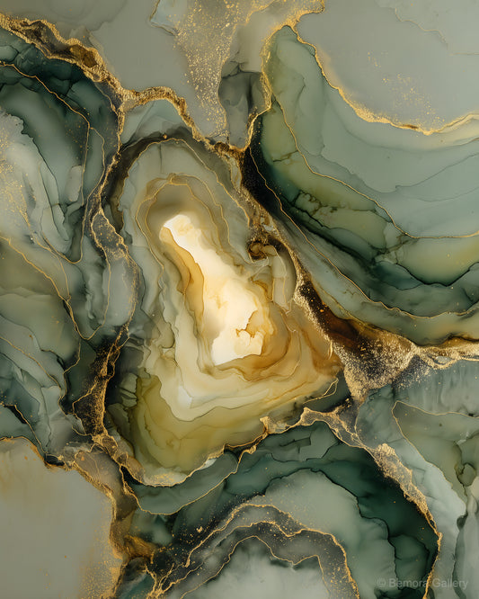 Sage Gold wall art — final artwork — deep muted sage, eucalyptus green, and antique gold geode cavity