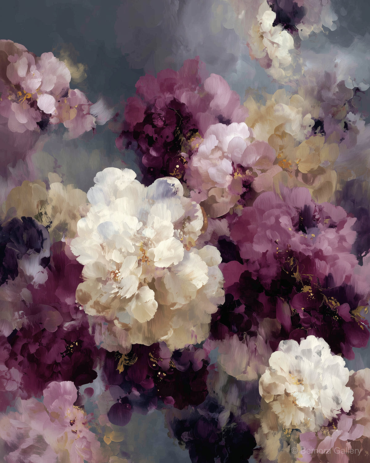 Plum Smoke Bloom wall art — final artwork — cream ivory, deep plum, dusty mauve, lavender, atmospheric smoke grey