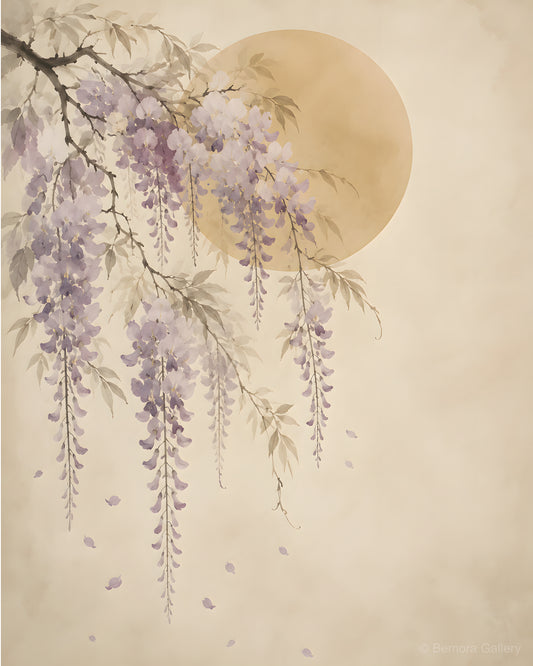 Ivory Wisteria Fall — Japandi wall art print — cascading wisteria in dusty lavender and pale lilac, ink-wash branches