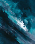 Petrol Storm Passage wall art — final artwork — deep petrol blue, navy-teal, and silver-white diagonal burst