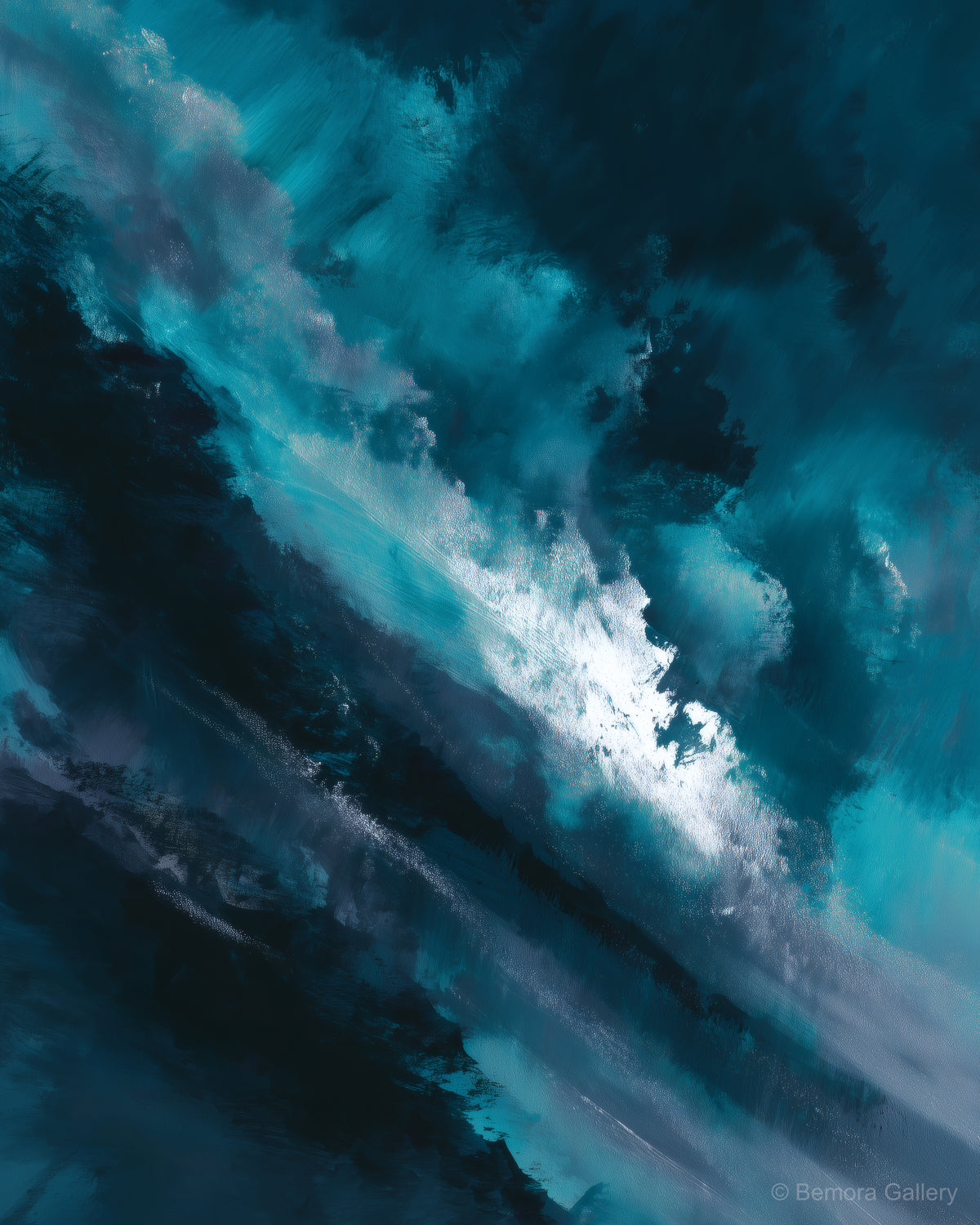 Petrol Storm Passage wall art — final artwork — deep petrol blue, navy-teal, and silver-white diagonal burst