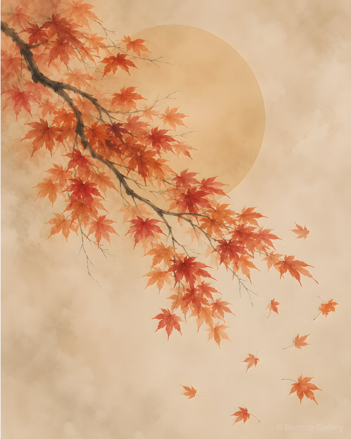 Ivory Maple Drift — Japandi wall art print — sweeping maple branch with crimson, amber, and orange leaves, warm ivory ground