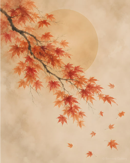 Ivory Maple Drift — Japandi wall art print — sweeping maple branch with crimson, amber, and orange leaves, warm ivory ground