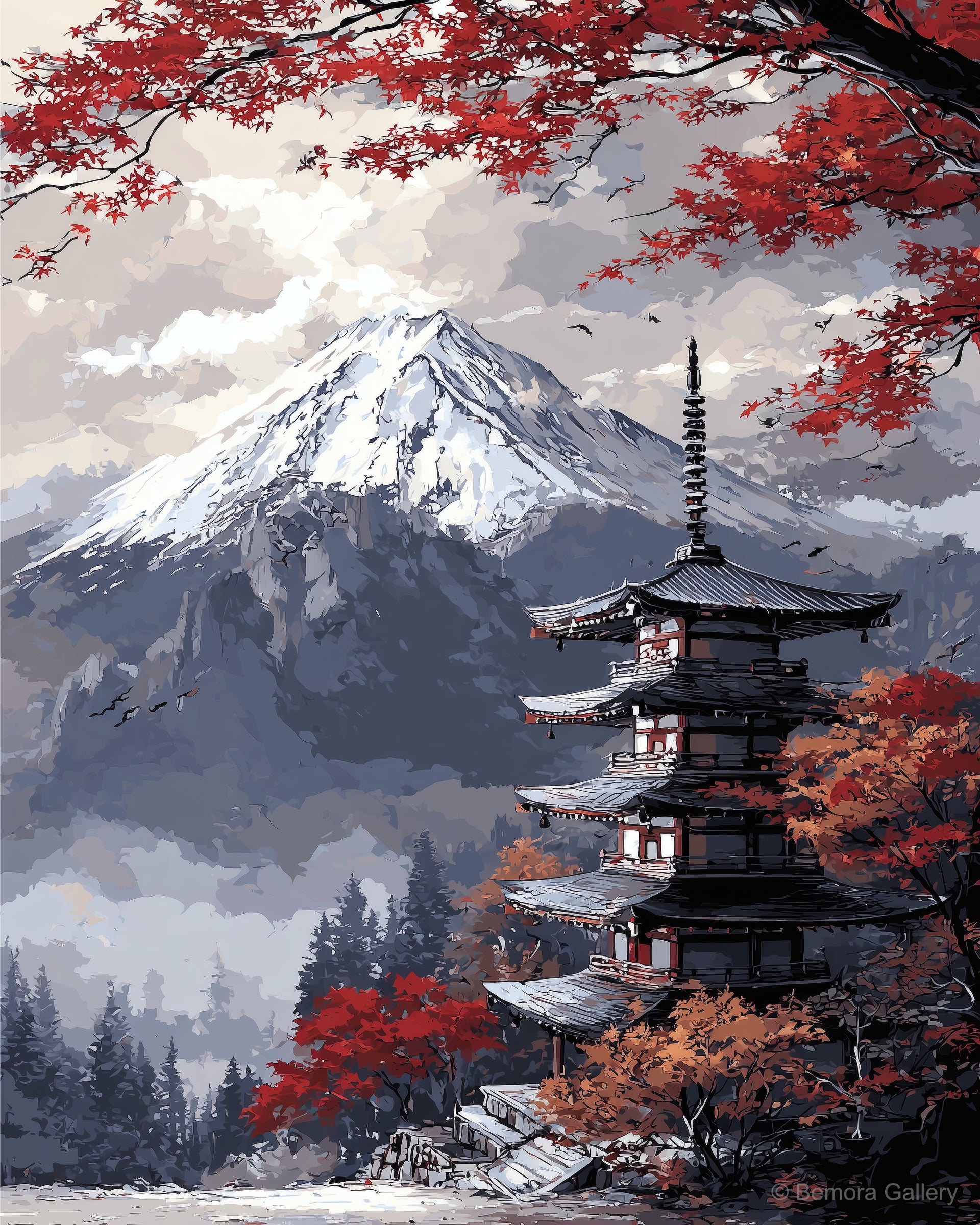 Crimson Fuji Temple displayed in a styled interior — above console or sofa