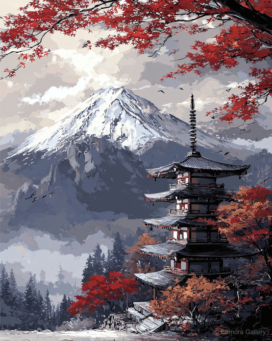 Crimson Fuji Temple displayed in a styled interior — above console or sofa