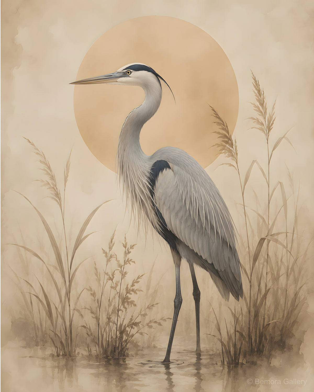 Ivory Heron Marsh — Japandi wall art print — graceful heron in marsh reeds, golden sun disc, ivory parchment ground