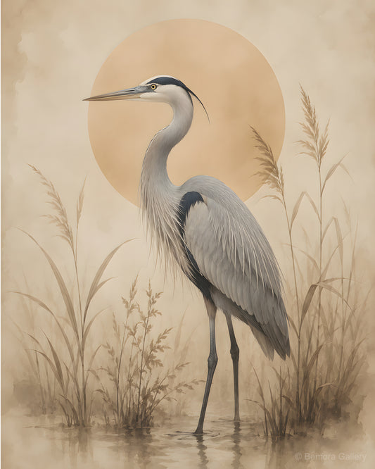 Ivory Heron Marsh — Japandi wall art print — graceful heron in marsh reeds, golden sun disc, ivory parchment ground
