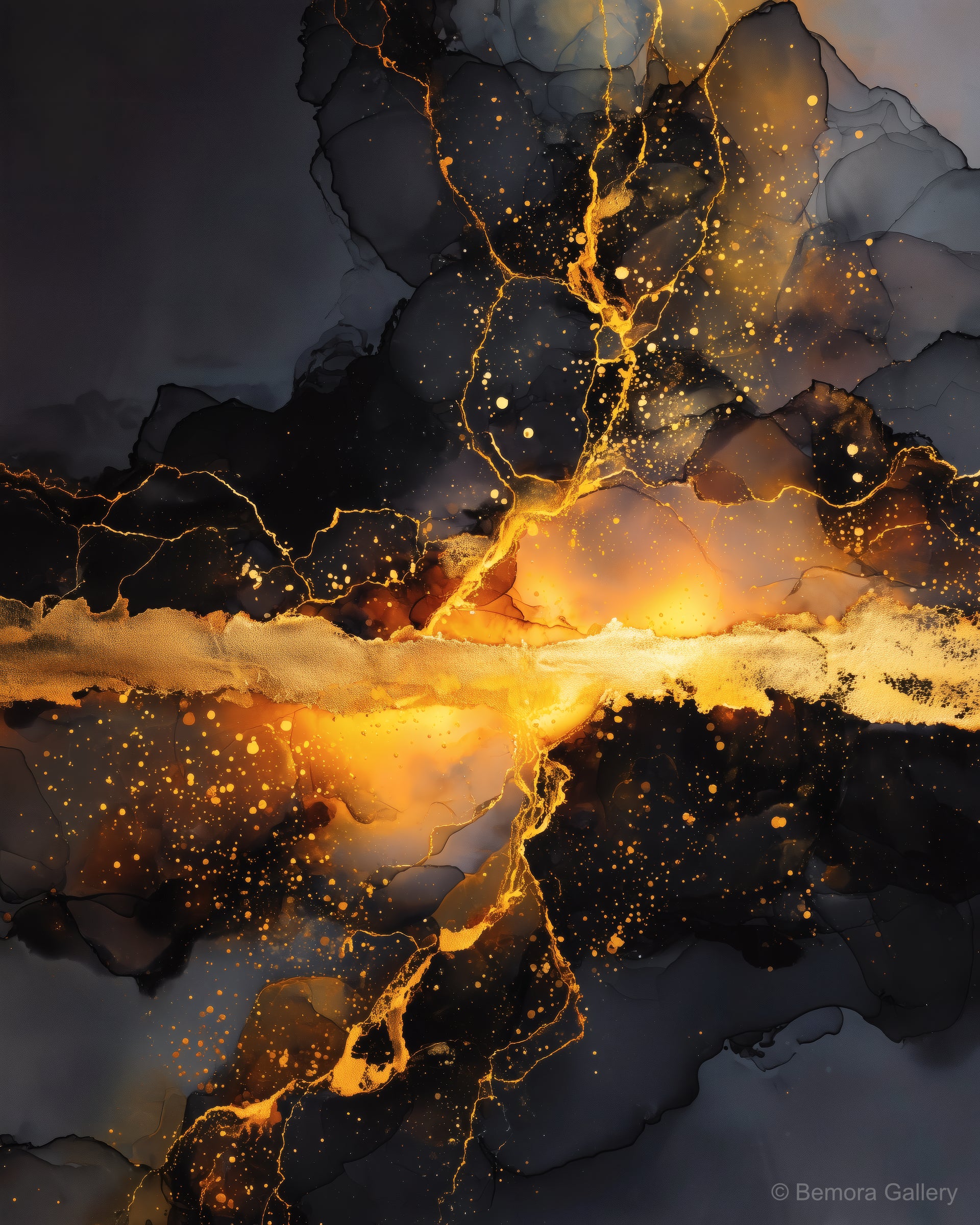 Obsidian Gold abstract wall art — deep black alcohol ink with bold horizontal gold river and warm amber glow