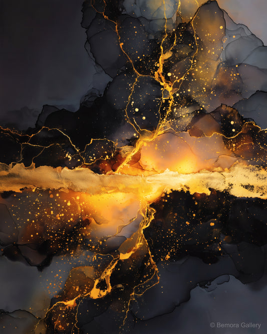 Obsidian Gold abstract wall art — deep black alcohol ink with bold horizontal gold river and warm amber glow