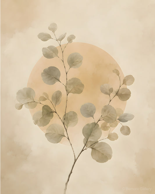 Ivory Eucalyptus Balance — Japandi wall art print — eucalyptus branches, sage-grey leaves, warm taupe, golden sun disc