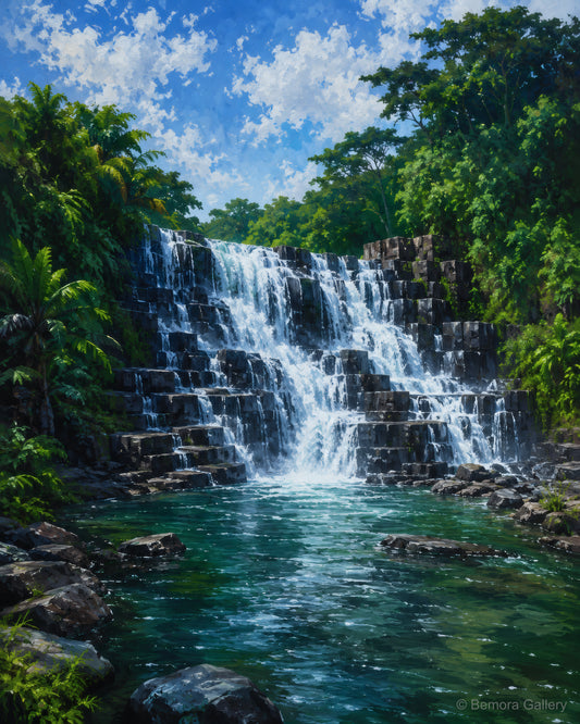 Rochester Falls wall art — final artwork — white cascading water over geometric stepped basalt, deep emerald pool and vivid tropical forest