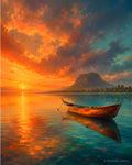 Pirogue Still Water — Mauritius coastal art print — traditional wooden pirogue on calm lagoon, copper and amber dusk sky