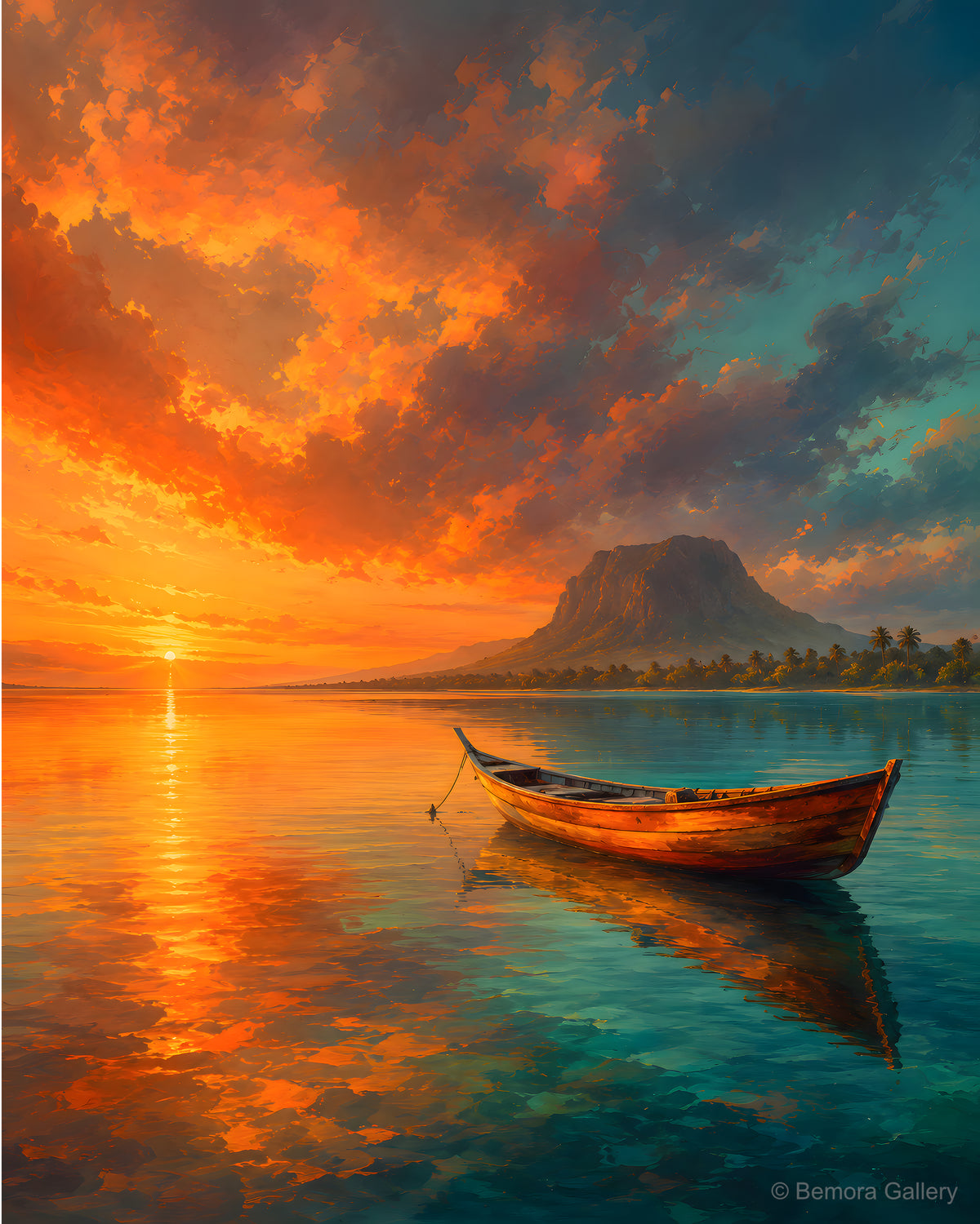 Pirogue Still Water — Mauritius coastal art print — traditional wooden pirogue on calm lagoon, copper and amber dusk sky