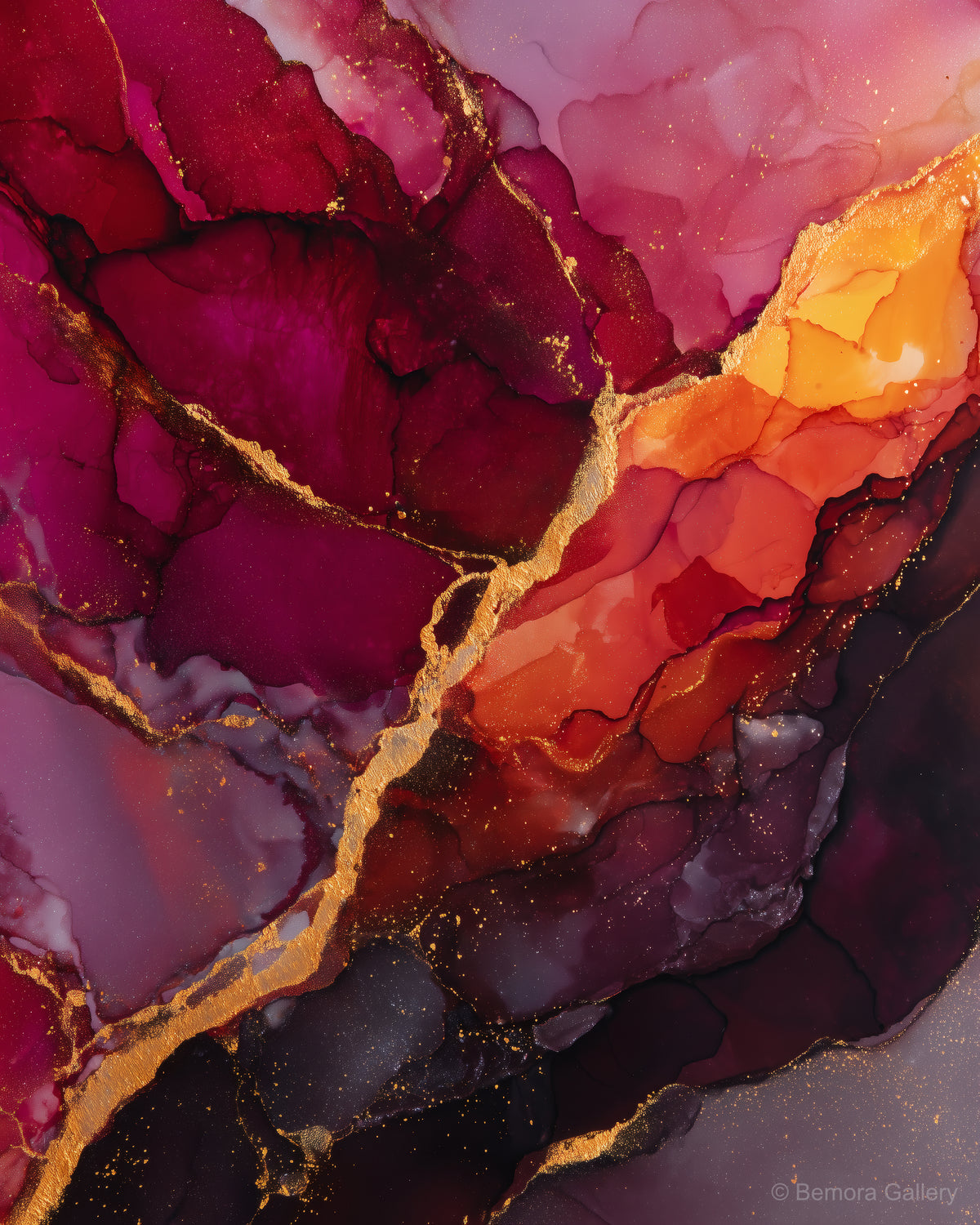 Garnet Gold abstract wall art — deep crimson and garnet alcohol ink with diagonal gold fault line and amber glow
