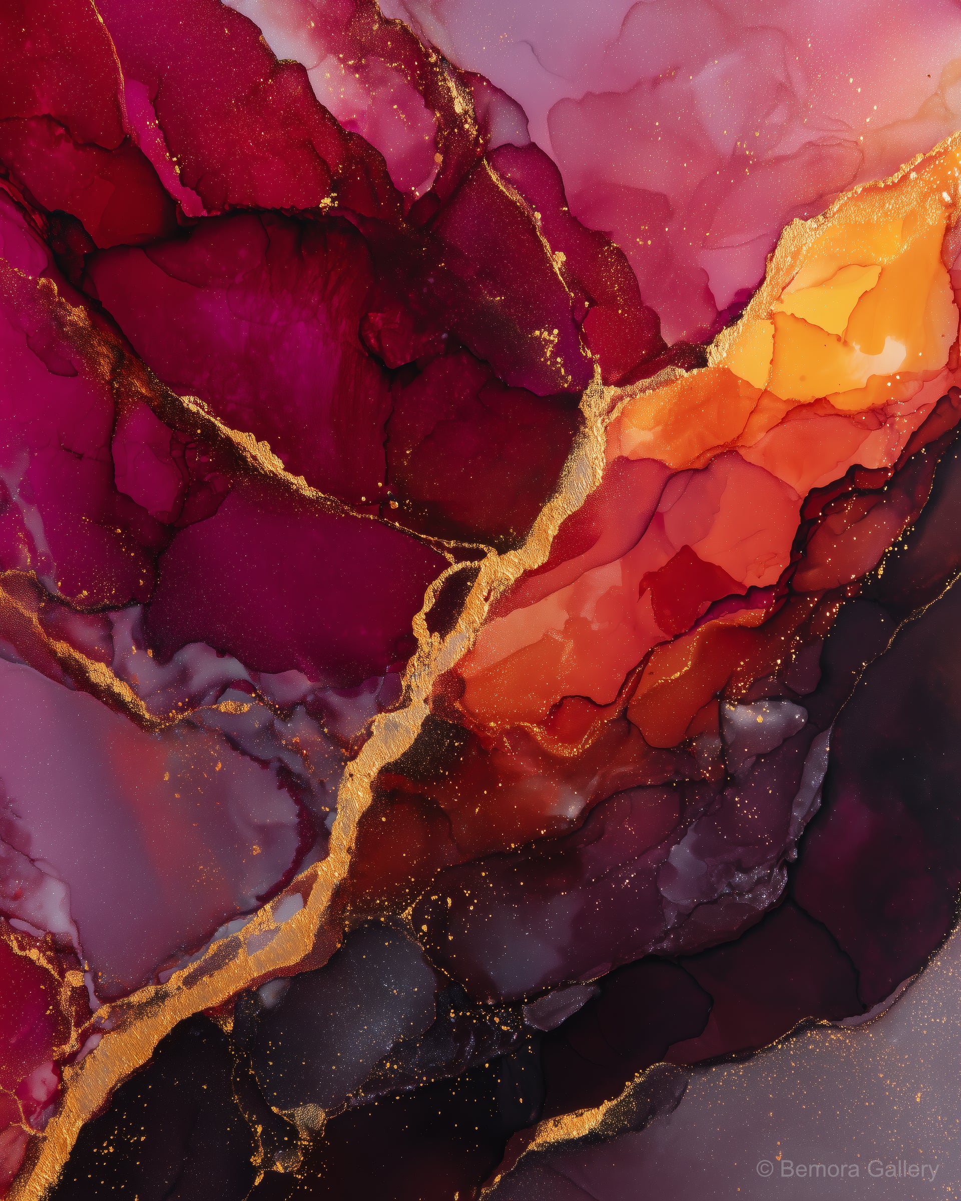 Garnet Gold abstract wall art — deep crimson and garnet alcohol ink with diagonal gold fault line and amber glow