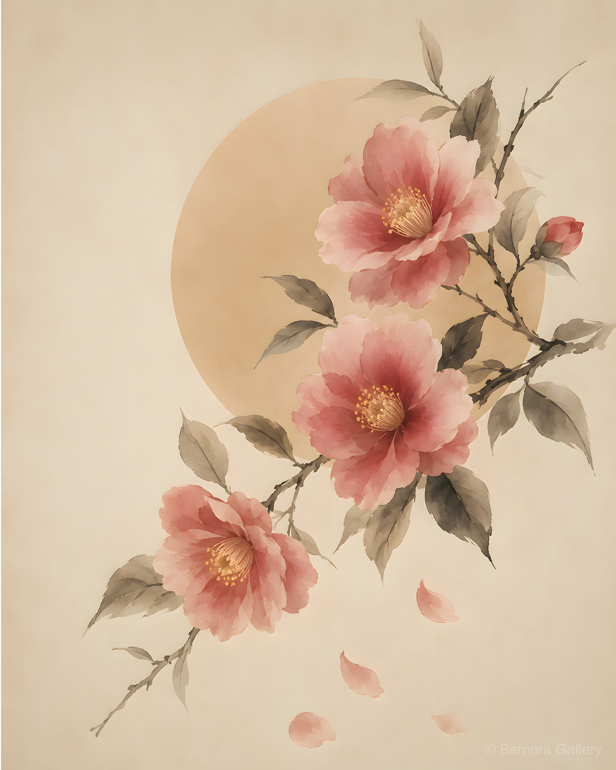 Ivory Camellia Bloom — Japandi wall art print — soft rose and blush camellia blooms, ink-wash branches, ivory ground