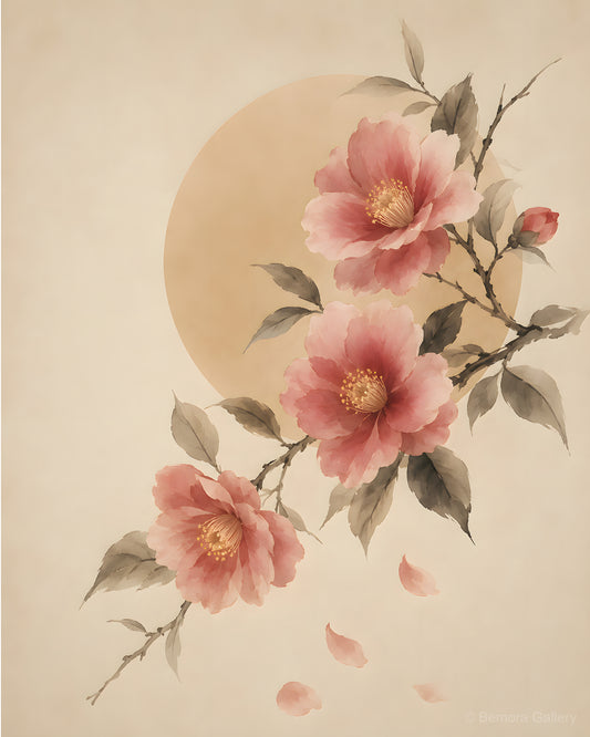 Ivory Camellia Bloom — Japandi wall art print — soft rose and blush camellia blooms, ink-wash branches, ivory ground