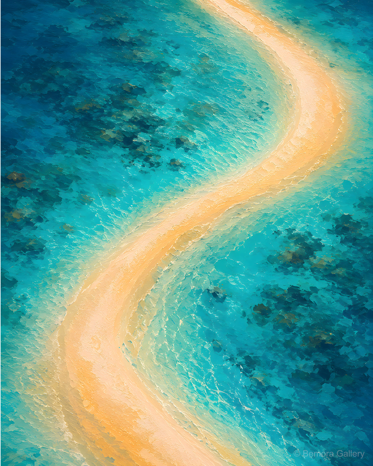 Pearl Lagoon Curve — Mauritius aerial art print — pale sandbar sweeping through luminous turquoise water, abstract coastal view