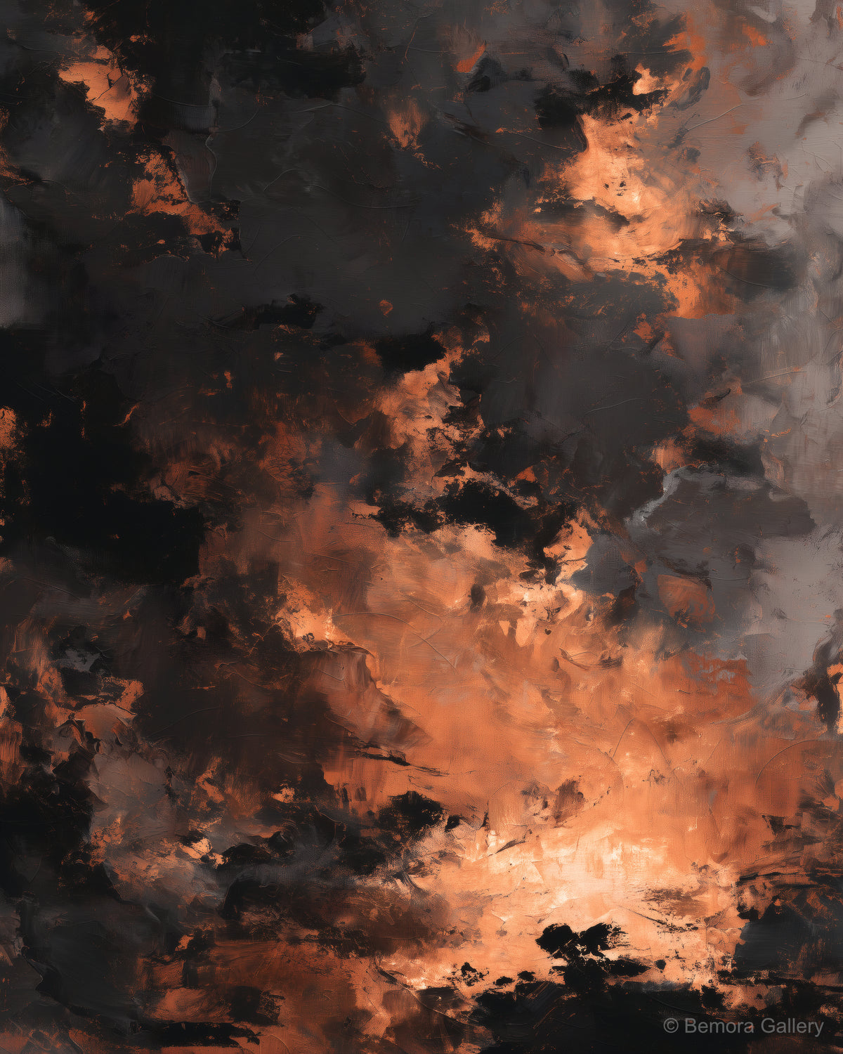 Copper Ember Passage wall art — final artwork — deep charcoal, near-black, warm copper, ember glow