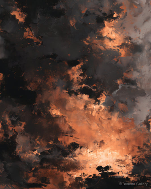 Copper Ember Passage wall art — final artwork — deep charcoal, near-black, warm copper, ember glow
